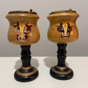 Vintage Napco Wooden BULL STEER Salt & Pepper Shakers Brass Top Made In Japan